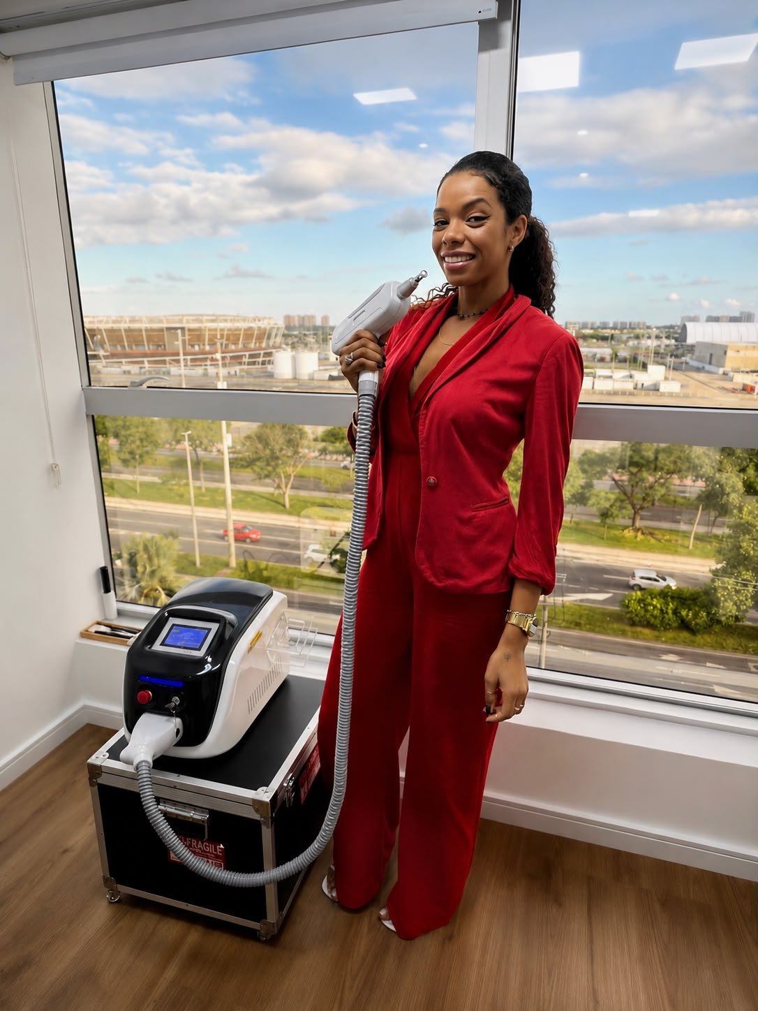 Priscila Andrade com o equipamento de remoção a laser